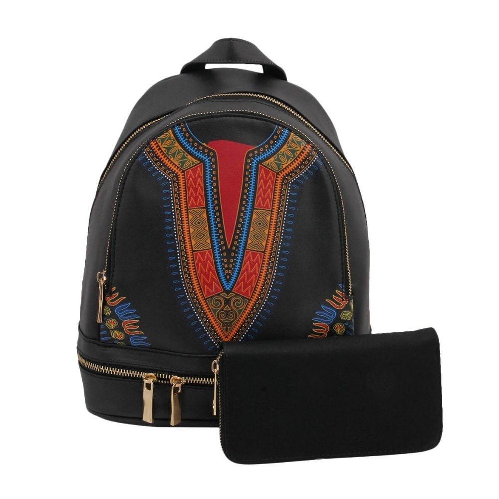 Black Dashiki Print Vegan Leather Backpack